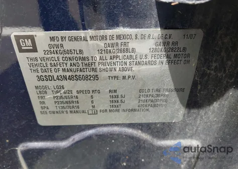 2008 Saturn Vue V6 Xe z USA, uszkodzony, nr VIN 3GSDL43N48S608295